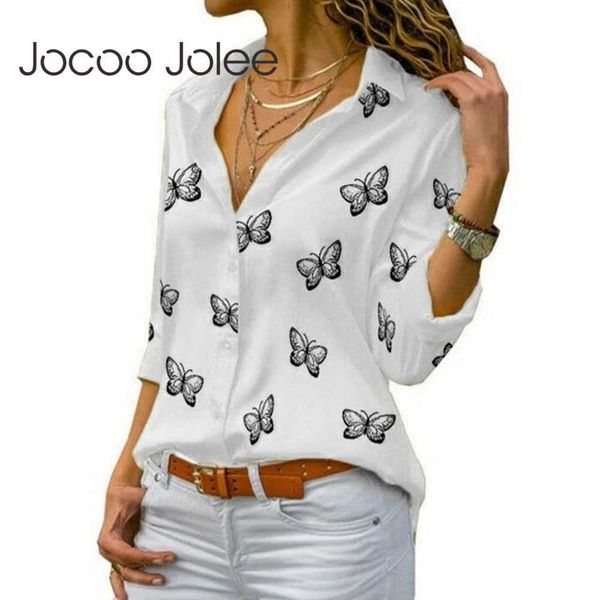 

jocoo jolee women spring autumn turn down collar casual butterfly printing loose long sleeve blouse plus size office lady basic 210619, White