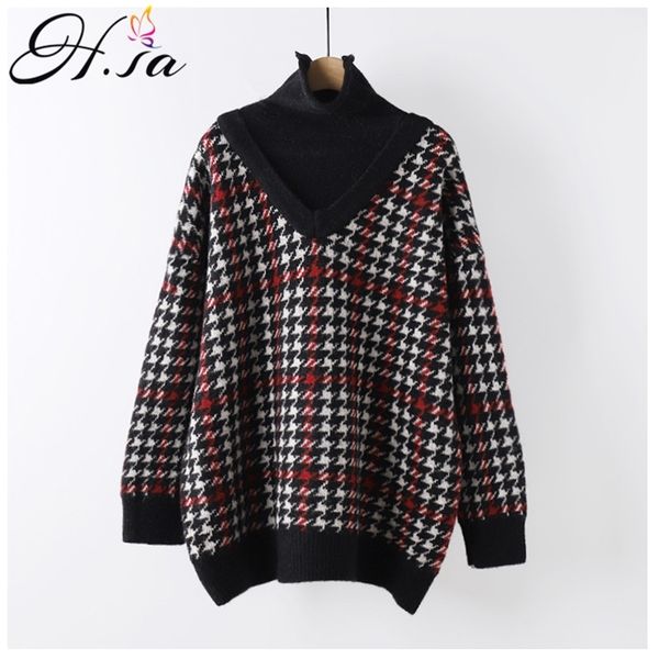 

autumn winter thick sweaters for women houndstooth warm pull jumpers patchwork fake 2 pieces casual 210430, White;black