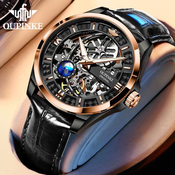 

wristwatches oupinke men's automatic mechanical watch skeleton design 50m waterproof sapphire mirror leather strap male watches, Slivery;brown
