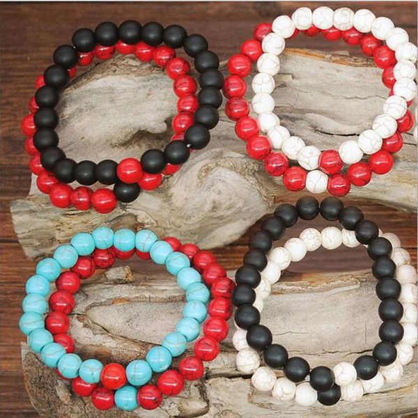 

beaded, strands 2 pcs/set couples beaded bracelet natural stone white and red chakras for women men multiple fashion beads jewelry, Black
