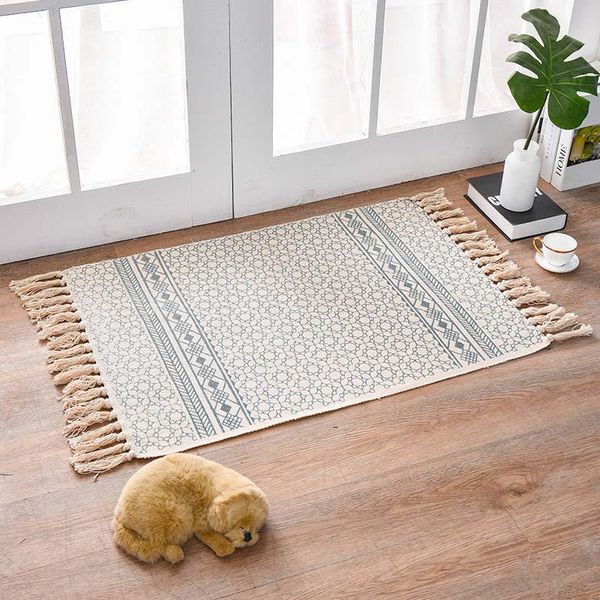 

carpets bohemian foyer room entrance rug cotton linen handmade geometric prayer mat bedroom carpet with tassels