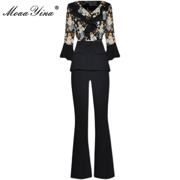 

summer runway fashion pants suit women v-neck floral print and loose black wide leg 2 pieces set 210524, White