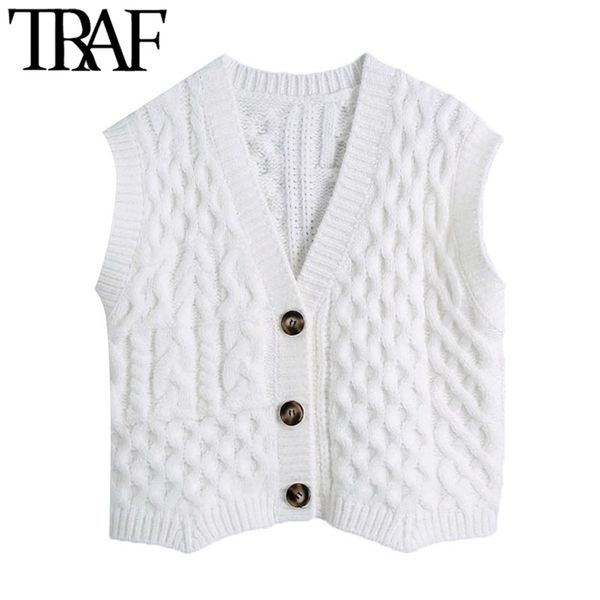 

traf women fashion with buttons cropped cable-knit vest sweater vintage v neck sleeveless female waistcoat chic 210415, White