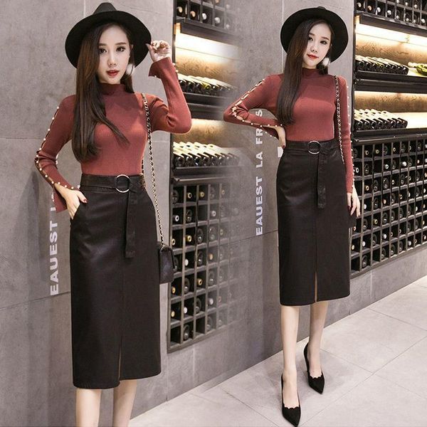 

skirts high waist leather skirt women's autumn and winter pu black slit woman faldas jupe
