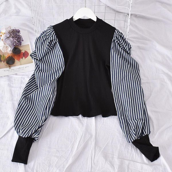 

summer women blouse striped puff sleeved long-sleeved shorts loose lady pulls outwear coat women's blouses & shirts, White