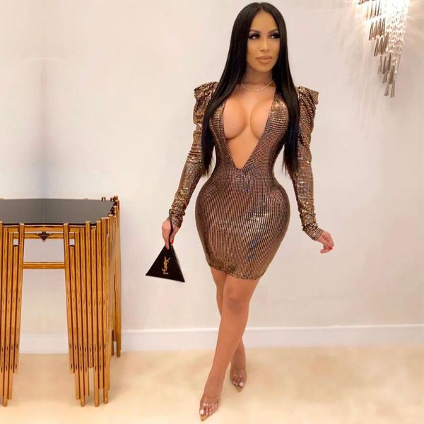 

casual dresses selling 2021 women's dress deep v-neck leaky chest puff long sleeve pack hip mini flash sequin, Black;gray