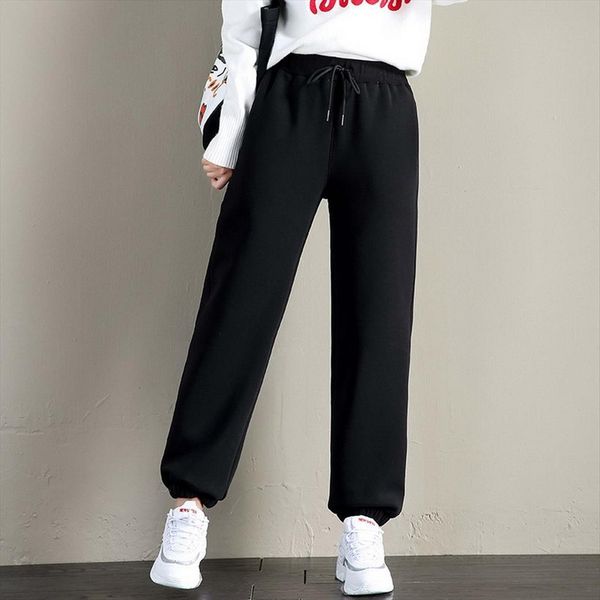 

winter sweatpants black casual joggers women capris lamb wool keep warm trousers thicken velvet workout sporty pants streetwear, Black;white