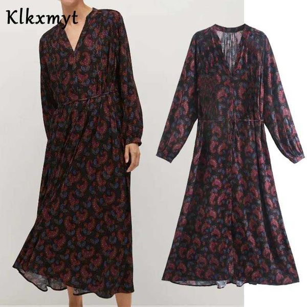 

klkxmyt za dress women chic fashion spiral printing midi vintage long sleeve lace up female es vestidos mujer 210527, Black;gray