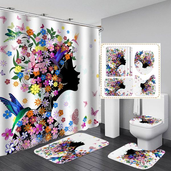 

pieces sets rose woman shower curtain with bath rug toilet lid cover floor mat european pattern waterproof accessory set