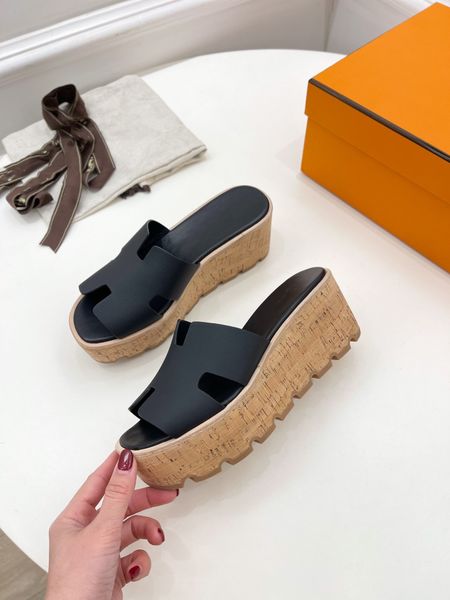 

thick sole slippers wedges high heel sandals open toe women dress shoes, Black