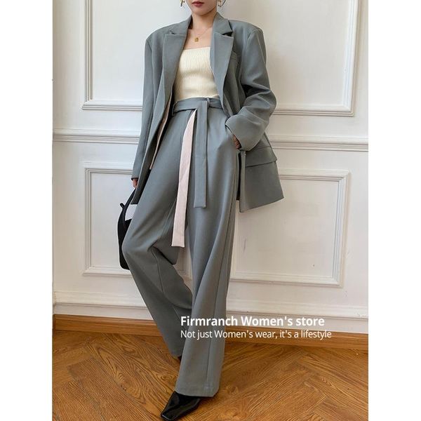 

women's two piece pants firmranch blue haze dissymmetry design suit for women tailored / coat and loose long high class outfit, White