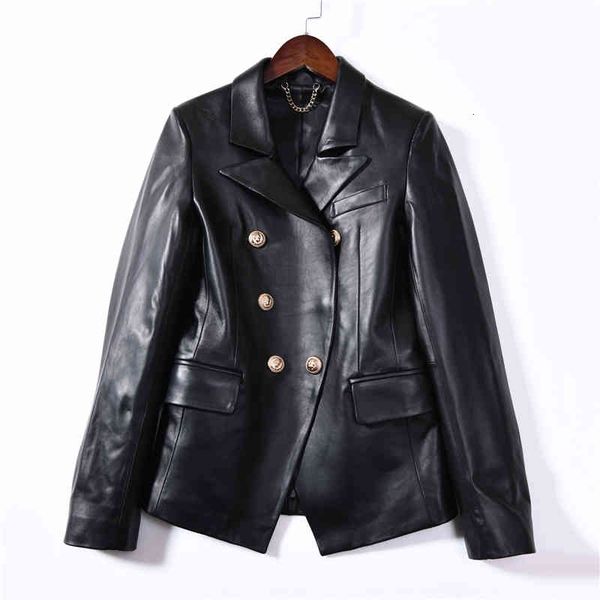 

100% double-breasted motorbiker female real sheepskin jacket england genuine leather coat for women 201120, Black