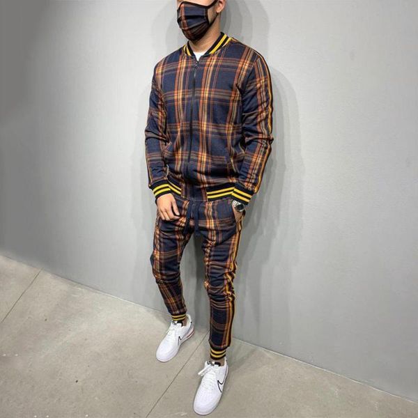 

men's tracksuits 2021 autumn men tracksuit sets striped plaid jacket fashion casual suits undefined trousers for clothing, Gray
