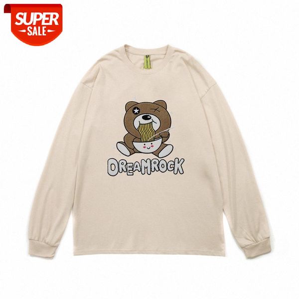 

bear embroidery long-sleeved t-shirt men's bf lazy style compassionate street flow loose round neck #sw2r, White;black