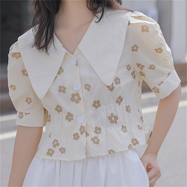 

women's blouses & shirts florals high waist printing casual lady summer streetwear sweet slim chic femme loose versatile, White