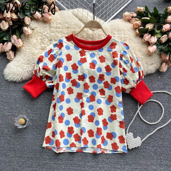 

women's t-shirt wakuta cute ins print floral puff short sleeve tshirts women casual tee fashion contrast color femme 2021 summer chic, White