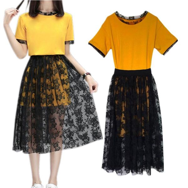 

two piece dress women lace side stitching long t shirt+mesh sheer skirts suits solid vintage floral skirt sets elegant lady 2 pcs set, White