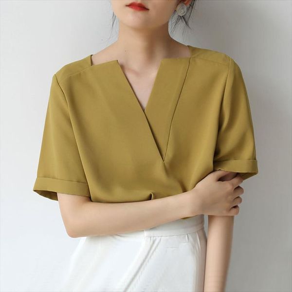 

summer v collar short sleeved women shirts simple green chiffon solid female casual fashion clothing black 1029, White