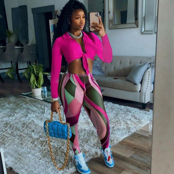 

women's two piece pants bangniweigou knot shirt leggings 2 sets for women autumn high street tracksuit slim fit print suit matching set, White