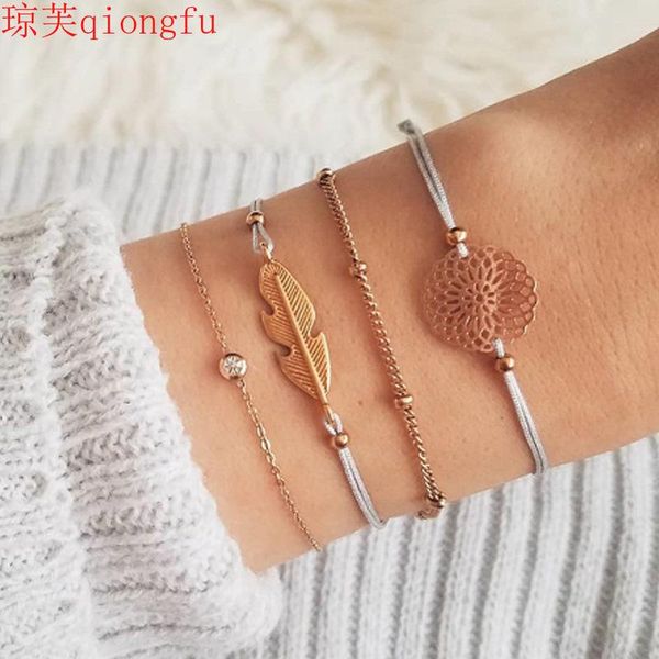 

beaded, strands bohemian black rope chain bracelet set ladies fashion hollow fan flower leaf diamond bead charm jewelry wholesale bulk