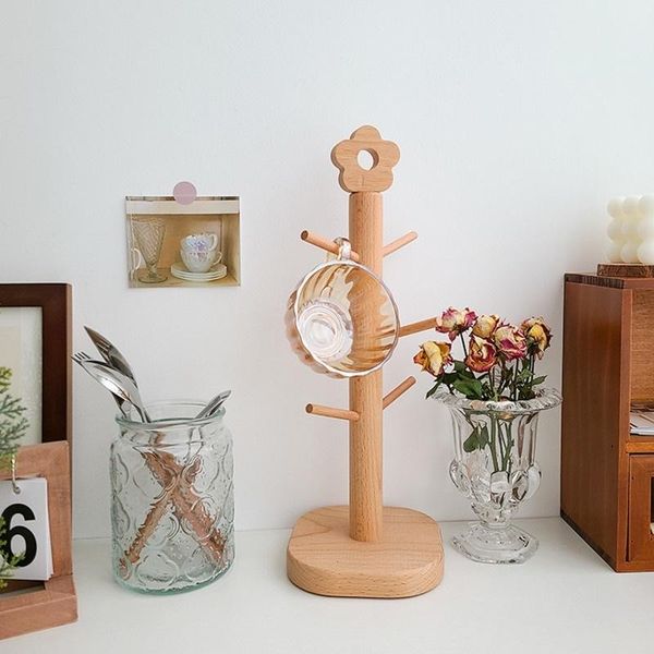 

hooks & rails japanese beech wood flower holder mug coffee cup 6 branch tree-shaped key jewelry storage rack