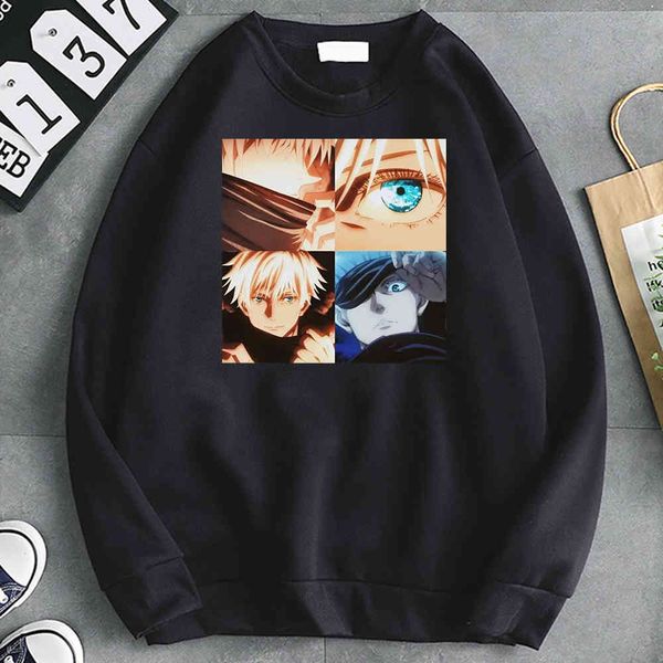 

gojo satoru men's hoodie and eyeliner printed sweatshirt, high-quality long sved sweater, animation punk style, hip-hop clothing, Black