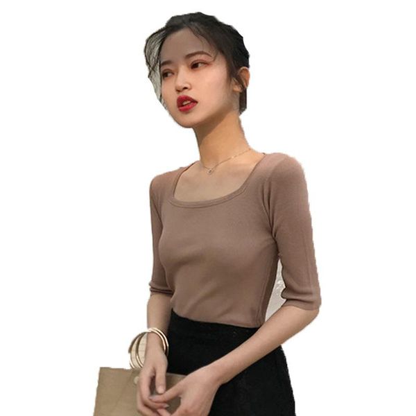 

women's t-shirt 2021 women fashion summer knitted t-shirts chic ribbed shirts t29, White