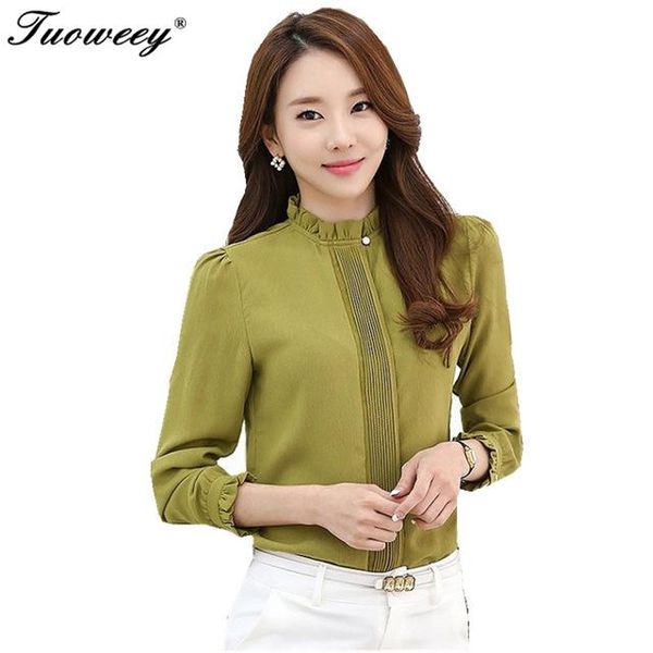 

women's blouses & shirts 2021 chiffon blouse blusas s-xxl slim shirt stand collar long sleeved white large size ol career
