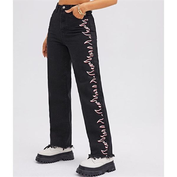 

women's jeans women's high-waist style black flame print street fashion personality straight-leg pants, Blue