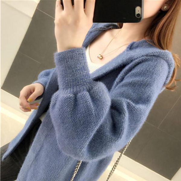 

women's knits & tees women 2021 autumn winter imitation mink cashmere cardigan coat female long sleeve hooded korean knitted sweaters o, White