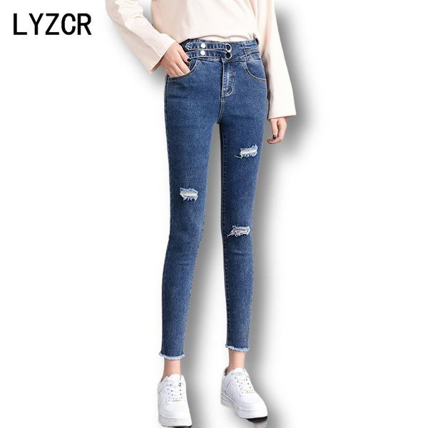 

spring women's hole jeans 2021 stretch denim skinny woman high waist gray blue ripped for women jean pants