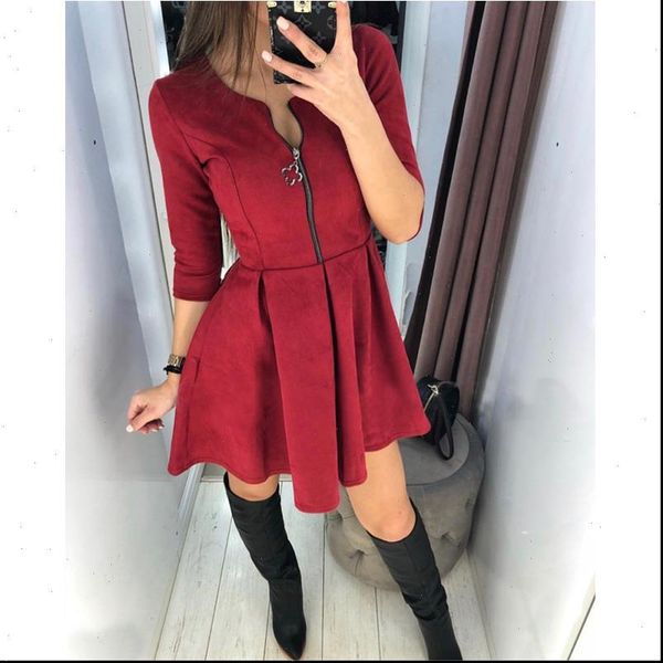 

spring fashion casual womens dresses three quarter sleeve oneck four leaf zip dress party prom female vintage vestidos, Black;gray