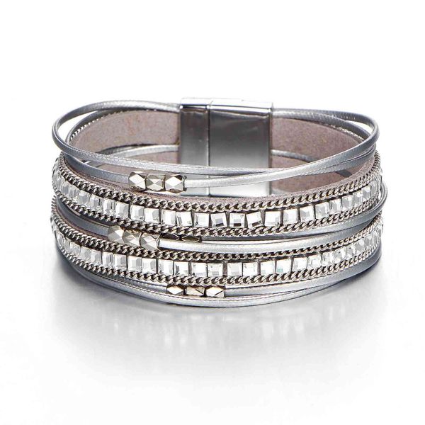 

long leather multi-layer bracelet with silver inlaid diamond magnetic clasp bracelet, Black