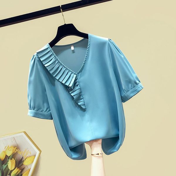 

women's blouses & shirts korean style 2021 summer short sleeves ruffles v neck chiffon shirt ladies female blouse a3459, White