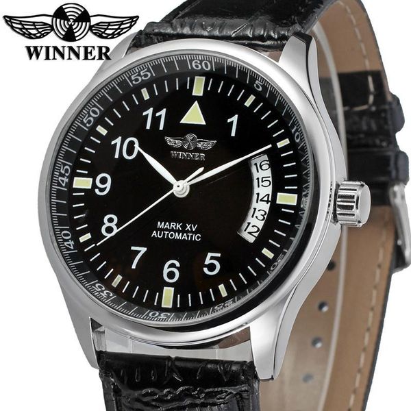 

winner automatic men black color dress watch factory company leather strap with gift box wristwatches, Slivery;brown