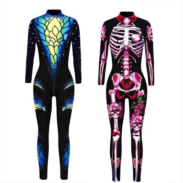 

women's jumpsuits & rompers 2021 femme bodysuit 3d printed skull skeleton cosplay playsuit overalls tights fitness women, Black;white