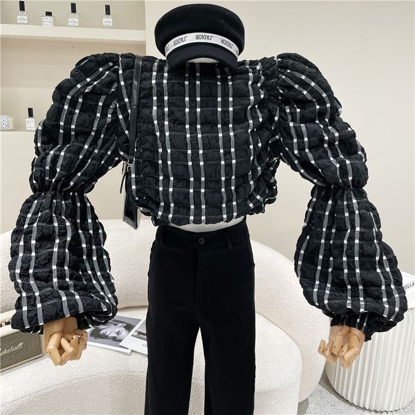 

blouses spring summer niche design feminine around the neck pullover contrast plaid pleated shirt short top, White