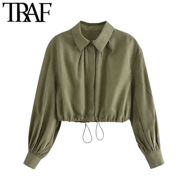 

women fashion loose-fitting cropped blouses vintage long sleeve adjustable hem female shirts chic 210507, White