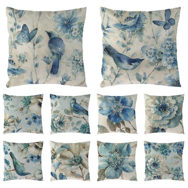 

cushion/decorative pillow 45cm*45cm blue flowers and birds pattern linen/cotton cushion cover sofa case home decorative 1682