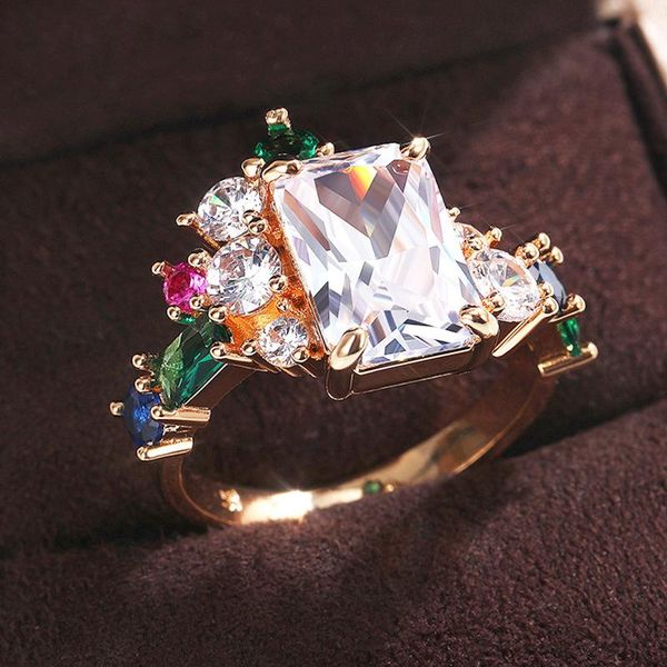 

wedding rings luxury cz ring love design colorful zircon stone pave setting silver plated christmas year gift for women, Slivery;golden