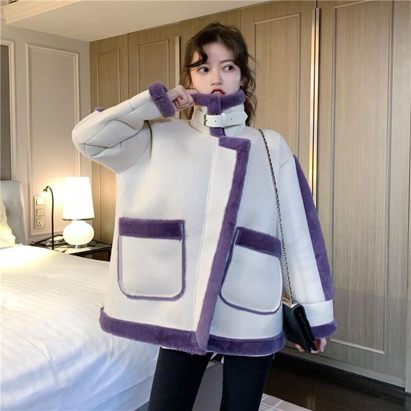 

spring autumn faux deerskin stitching arrivals imitate mink women's jackets patchwork loose warm female coats outerwear, Black;brown