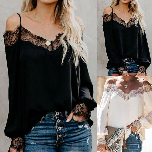

women's blouses & shirts women v neck long sleeve lace stitching off shoulder straps loose shirt, White