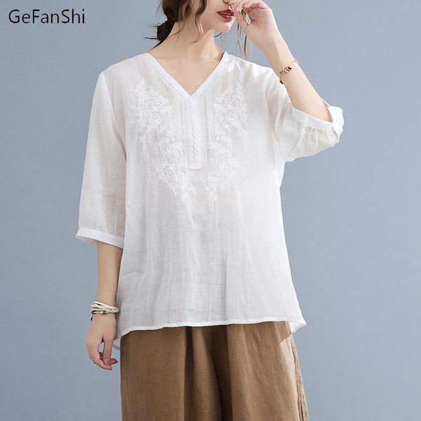 

women's blouses & shirts 2021 summer women vintage embroidery short sleeve cotton linen female clothing casual loose blouse plus size, White
