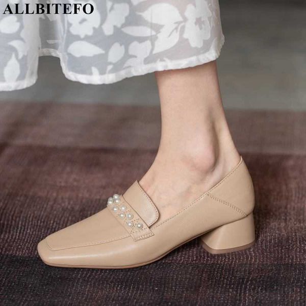 

allbitefo square toe genuine leather thick heels casual woemn shoes women high heel shoes brand high heels office ladies shoes 210611, Black