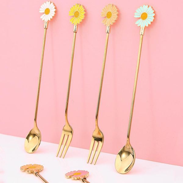 

forks daisy sun flower mini 304 stainless steel coffee stirring spoon dinner fruit fork teaspoon dessert tea tableware children
