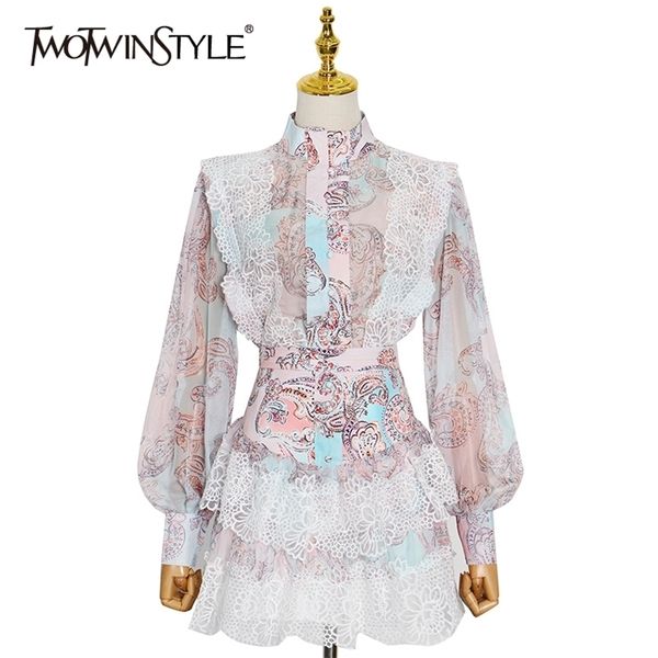 

twotwinstyle sweet patchwork lace set for women stand collar long sleeve shirt high waist skirt print sets female fashion 210730, White