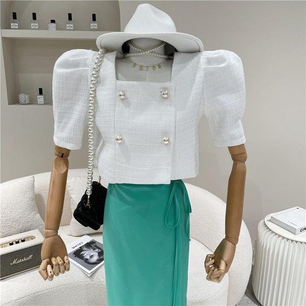 

women's jackets niche design spring summer 2021 fashion square neck temperament double breasted short coat versatile sleeve top, Black;brown