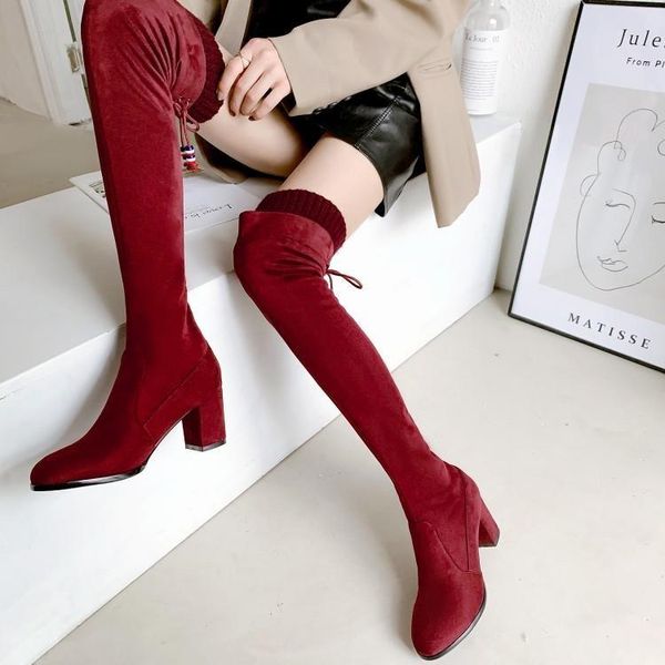 

boots versatile autumn and winter high tube thick heel thin over knee elastic middle women's large, Black