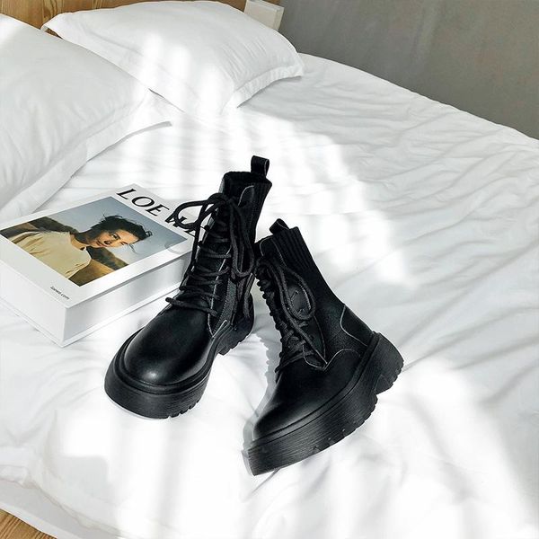 

boots 2021 autumn shoes women real leather matin cross-tied ladies ankle front zipper female botas mujer black