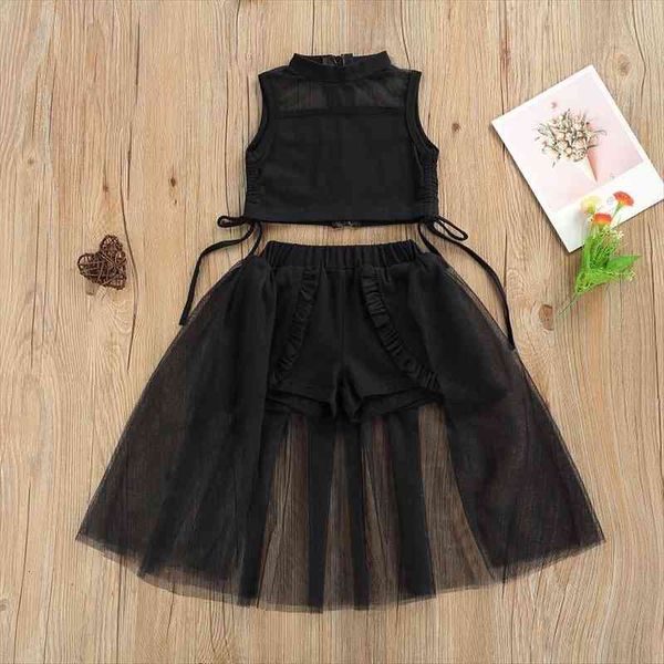 

fashion children girls clothes sleeveless back zipper tank tutu long skirt shorts 2pcs outfits summer clothing set, White